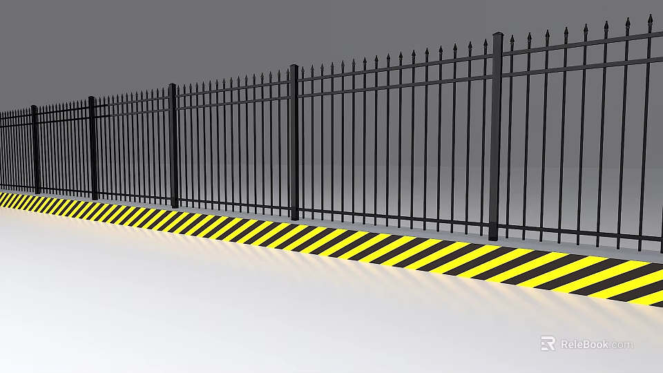 Outdoor Black Spiked Metal Fence With Yellow And Black Warning Stripes 3d model 