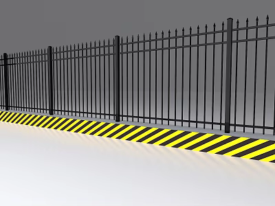 Outdoor Black Spiked Metal Fence With Yellow And Black Warning Stripes 3d model