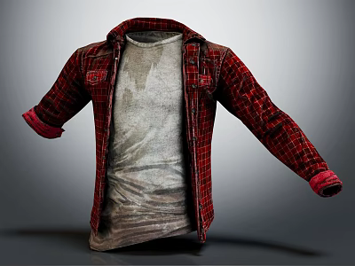 Red Plaid Shirt With Gray T Shirt Casual Layered Outfit And Rolled Sleeves 3d model