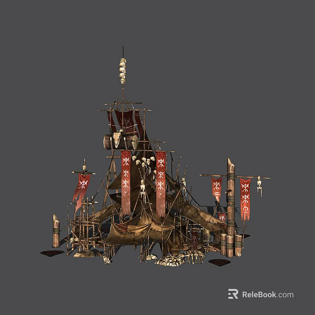 Traditional Decorative Tent With Wooden Frames Skeleton Banners And Totem Elements 3d model
