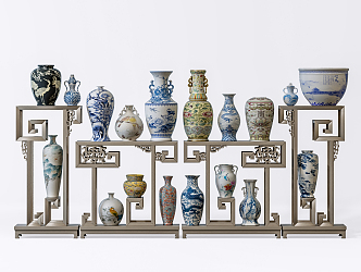 New Chinese-style Ceramic Ware Bogu Shelf Blue and White Porcelain Combination 3d model