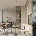 Modern Restaurant Interior With Dining Tables Chairs Pendant Lights And Open Kitchen