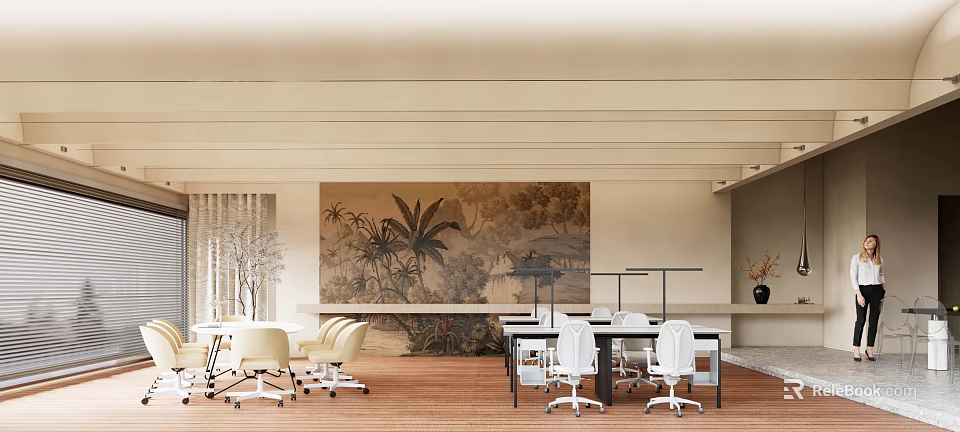 Modern Office Interior Featuring Tropical Plant Mural Wooden Floors And White Workstations 3d model 