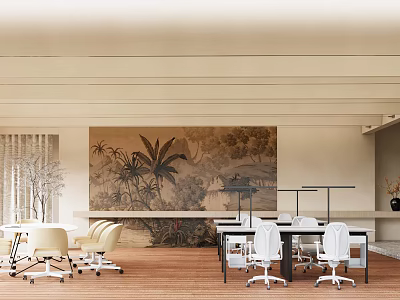 Modern Office Interior Featuring Tropical Plant Mural Wooden Floors And White Workstations 3d model