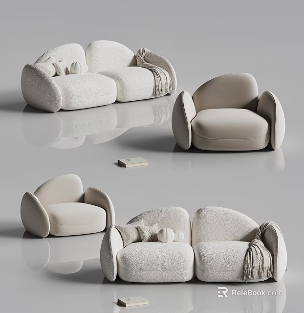Modern Cream Plush Sofa Set With Curved Design Accent Pillows And Throw Blanket 3d model 
