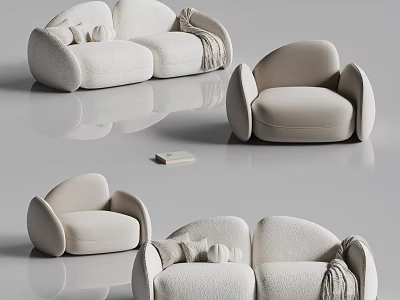 Modern Cream Plush Sofa Set With Curved Design Accent Pillows And Throw Blanket 3d model