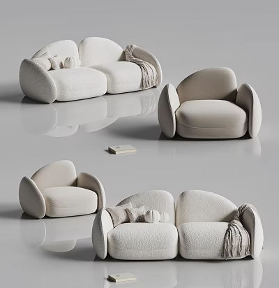 Modern Cream Plush Sofa Set With Curved Design Accent Pillows And Throw Blanket 3d model