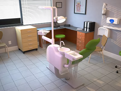 Dental Clinic Interior With Treatment Chair Green Seating Drawer Cabinet And Wall Art 3d model