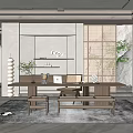 Quiet study room rattan desk and chair combination partition 3d model