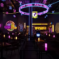 Modern Bar Interior Design With Neon Lights Purple Lighting Bar Counter And Tables Chairs