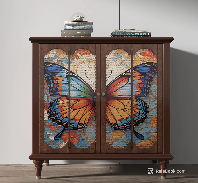 Wooden Cabinet With Stained Glass Butterfly Design And Books On Top 3d model 