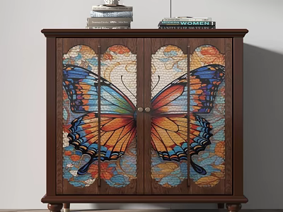 Wooden Cabinet With Stained Glass Butterfly Design And Books On Top 3d model