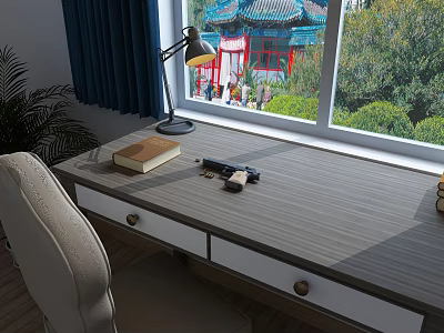 Cozy Home Desk With Wooden Surface Desk Lamp Book Eyeglasses And Traditional Building View 3d model