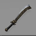 Ornate Curved Knife With Intricate Blade Patterns And Decorative Metal Handle Design