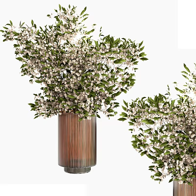 Fresh White Small Flowers in Modern Ribbed Vase with Lush Green Leaves Home Decor 3d model