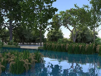 Perfect Serene Natural Landscape With Clear Calm Pond Lush Green Trees And Vibrant Aquatic Plants 3d model