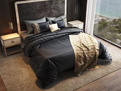 Double Bed with Black Comforter Gray Pillows Nightstand by Window Sea View on Wooden Floor 3d model