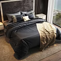 Double Bed with Black Comforter Gray Pillows Nightstand by Window Sea View on Wooden Floor