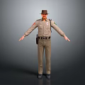 Man in Uniform Wearing Hat with Arms Outstretched and Utility Belt on Gray Background