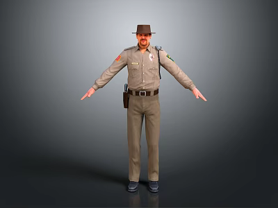 Man in Uniform Wearing Hat with Arms Outstretched and Utility Belt on Gray Background 3d model