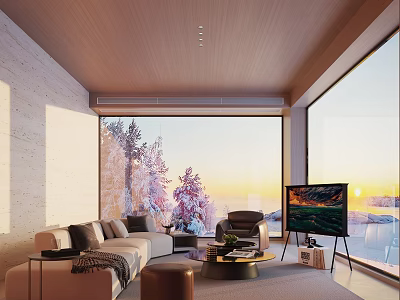 Cozy Restaurant Interior With Large Windows Sunset View Snowy Trees And Wooden Ceiling 3d model