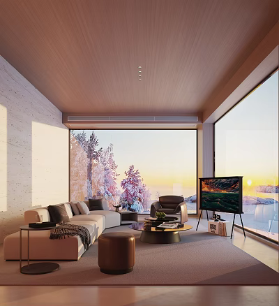 Cozy Restaurant Interior With Large Windows Sunset View Snowy Trees And Wooden Ceiling 3d model