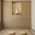 Traditional Wooden Buddhist Shrine Cabinet With Buddha Statue Lattice Screens And Round Cushions