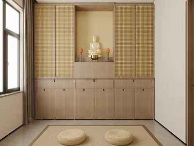 Traditional Wooden Buddhist Shrine Cabinet With Buddha Statue Lattice Screens And Round Cushions 3d model