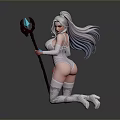 Fantasy Woman With Long White Hair In White Tight Outfit Holding Staff With Blue Accents