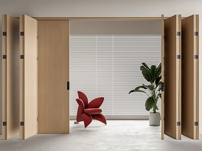 Open Wooden Folding Doors In Modern Interior With Blinds Red Chair And Green Plant 3d model