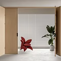 Open Wooden Folding Doors In Modern Interior With Blinds Red Chair And Green Plant