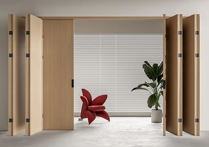 Wooden folding door sliding door leisure chair green plant potted plant 3d model
