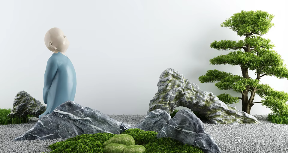 Karesansui Dry Landscape Design Featuring Blue Figurine Rock Formations Green Moss And Pine Tree 3d model 