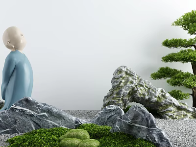 Karesansui Dry Landscape Design Featuring Blue Figurine Rock Formations Green Moss And Pine Tree 3d model