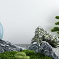 Karesansui Dry Landscape Design Featuring Blue Figurine Rock Formations Green Moss And Pine Tree