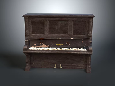 Vintage Wooden Upright Piano With Carved Details And Keyboard Pedals 3d model
