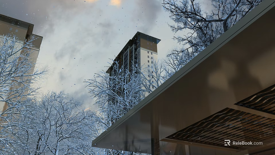 Snow Covered Arbor Trees In Winter Urban Scene With Tall Buildings Nearby 3d model 
