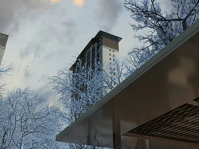 Snow Covered Arbor Trees In Winter Urban Scene With Tall Buildings Nearby 3d model