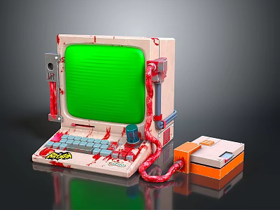 Vintage Computer Featuring Green Screen Retro Design Red Cables And Side Console 3d model