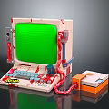 Vintage Computer Featuring Green Screen Retro Design Red Cables And Side Console