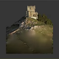 Ancient Architecture Model With City Wall Tower On Green Hill And Winding Path
