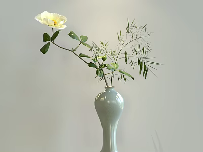 White Ceramic Vase with White Flower and Green Leaves with Slender Branches on Light Background 3d model