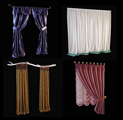 Curtains In Blue White Gold Purple With Ties Sheer Tassel And Ruffled Styles 3d model
