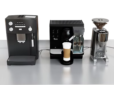 Black Coffee Maker Capsule Machine And Silver Grinder With White Cup In Kitchen 3d model