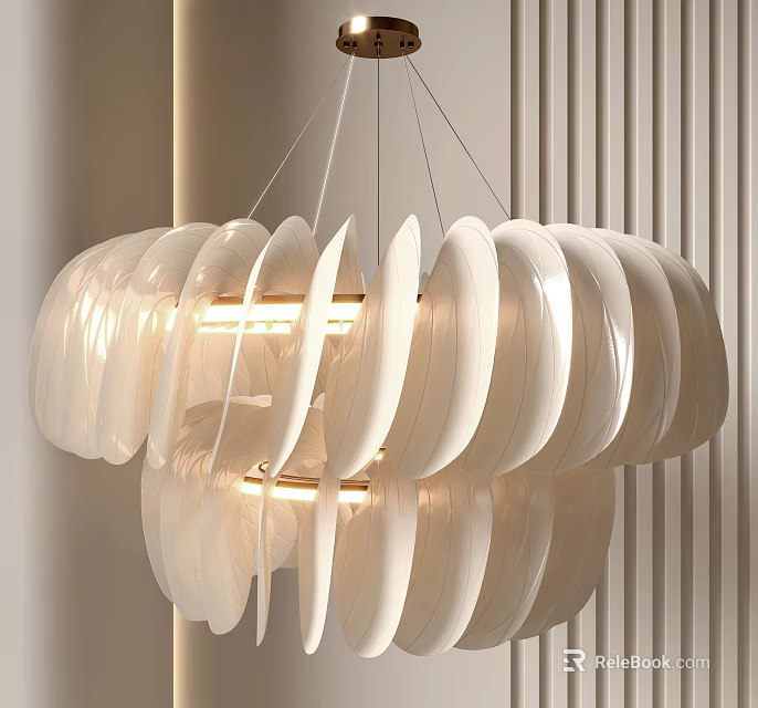 Modern White Layered Disc Chandelier With Warm Soft Light Glow In Interior 3d model 