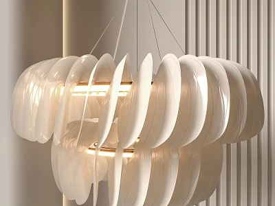 Modern White Layered Disc Chandelier With Warm Soft Light Glow In Interior 3d model