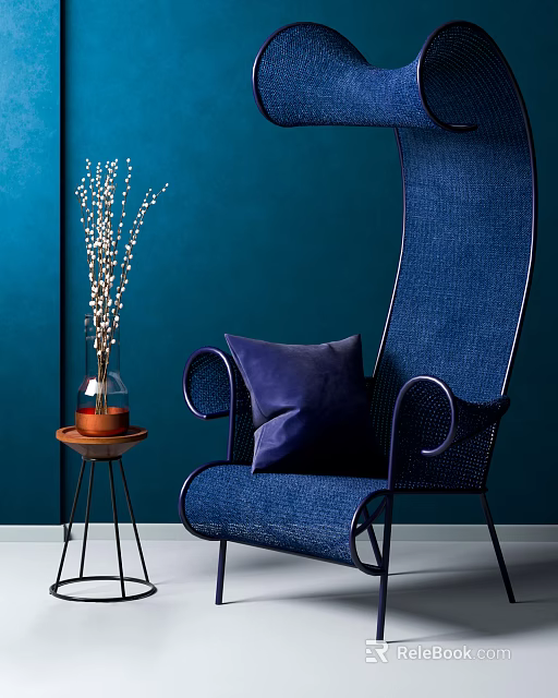 Blue Woven Accent Chair with Purple Pillow against Teal Wall and Side Table Vase 3d model 