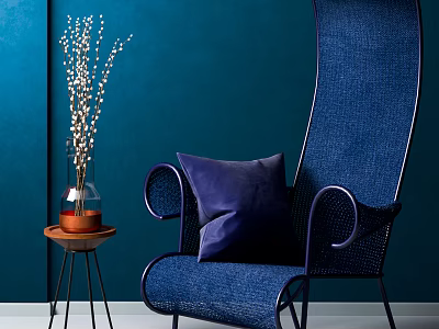 Blue Woven Accent Chair with Purple Pillow against Teal Wall and Side Table Vase 3d model