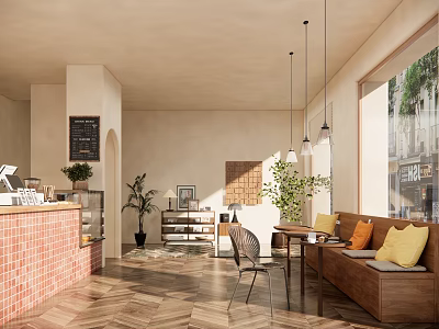 Cozy Dessert Shop Interior With Brick Counter Wooden Bench Hanging Lights And Green Plants 3d model