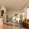 Cozy Dessert Shop Interior With Brick Counter Wooden Bench Hanging Lights And Green Plants